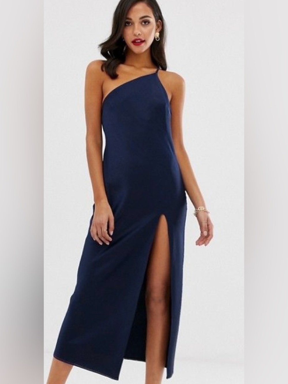 ASOS One-Shoulder Navy Evening Gown with Front Slit NWT